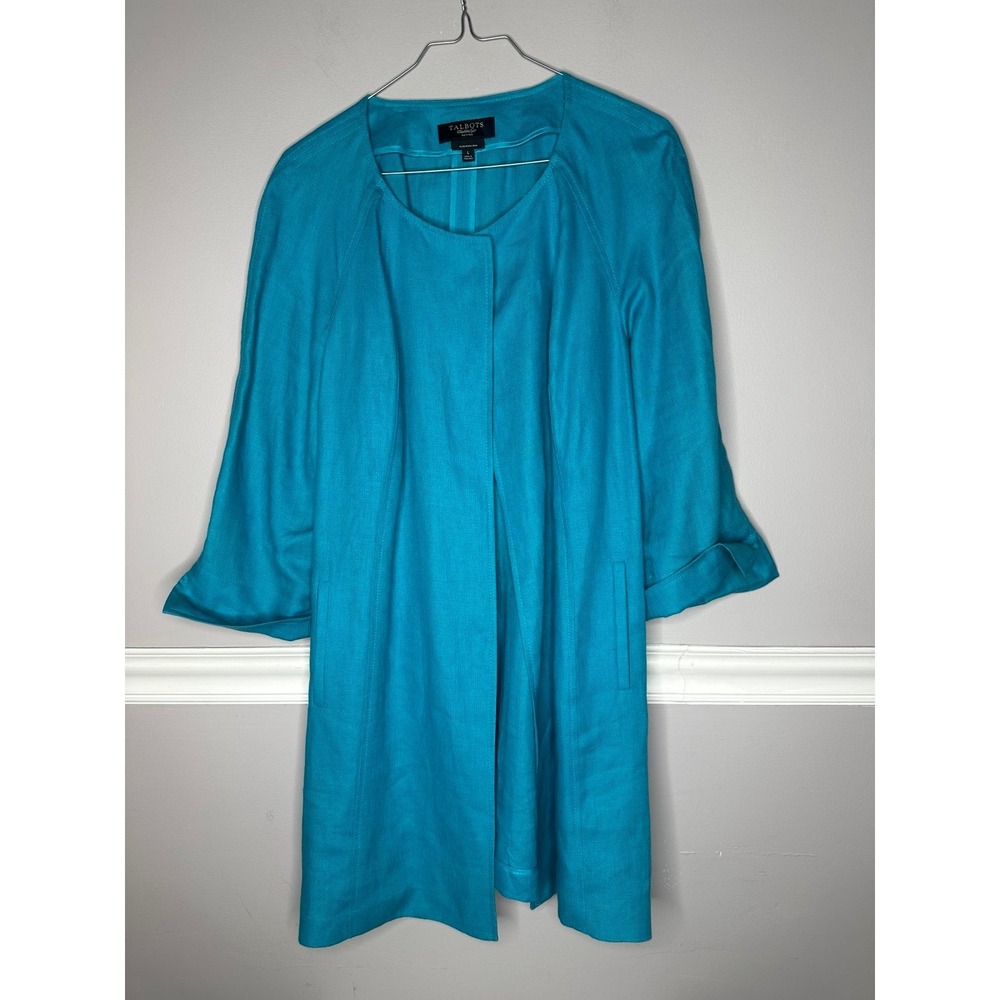 Talbots Irish Linen Long Duster Jacket Lightweight Lagenlook Aqua Blue Sz LP